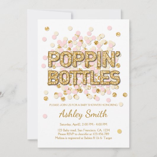 Babydusche Poppin Flaschen Confetti Pink Gold Einladung (Vorderseite)