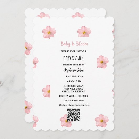 Babydusche QR Code Rosa Blumenbaby in Bloom Niedli Einladung (Vorne/Hinten)