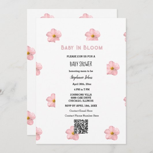 Babydusche QR Code Rosa Niedliches Baby im Blut Einladung (Vorne/Hinten)