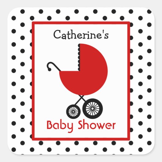 Babydusche Red Carriage & Polka Dots Quadratischer Aufkleber (Vorderseite)