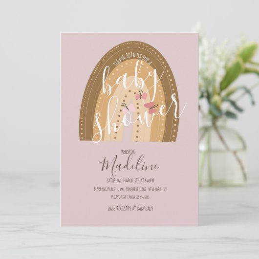 Babydusche Regenbogen Schmetterlinge Bohemisch ros Einladung (Stehend Vorderseite)