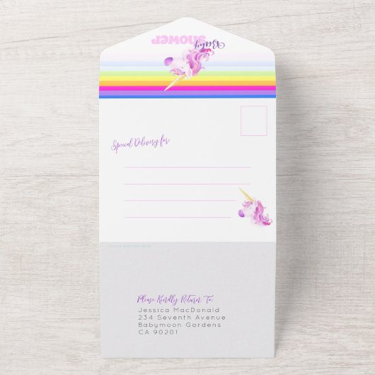 Babydusche Regenbogen unikorfarben All In One Einladung (Außenbereich)