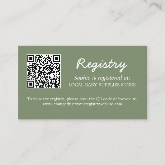 Babydusche Registrierung QR Code Sage Green Begleitkarte (Vorderseite)