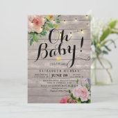 Babydusche Rosa Blume Rustikale Holzsäulenleuchten Einladung (Stehend Vorderseite)