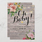 Babydusche Rosa Blume Rustikale Holzsäulenleuchten Einladung (Vorne/Hinten)