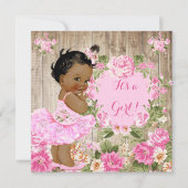 Babydusche Rosa Blütenblume Rustikale Holzmädchen Einladung (Vorderseite)