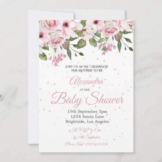 Babydusche Rosa Blütengoldchic Einladung (Vorderseite)