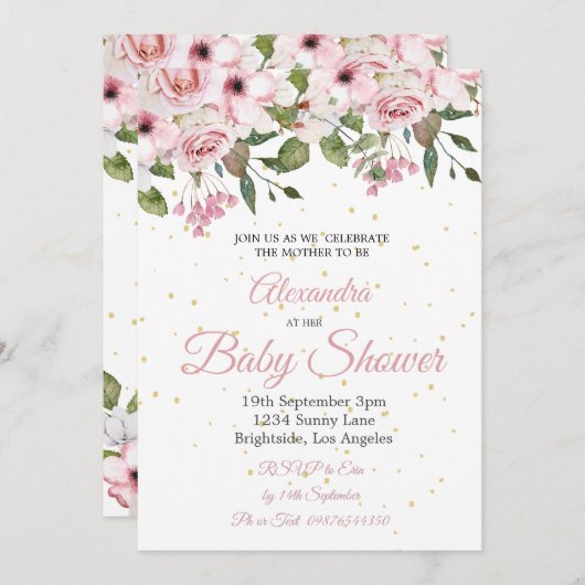 Babydusche Rosa Blütengoldchic Einladung (Vorne/Hinten)
