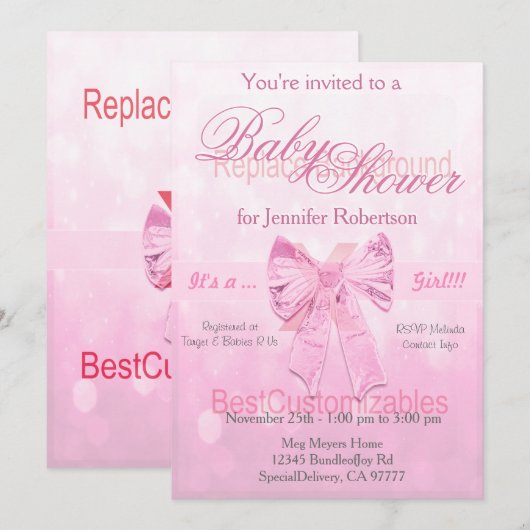 Babydusche rosa Bow-Vorlage Einladung (Vorne/Hinten)