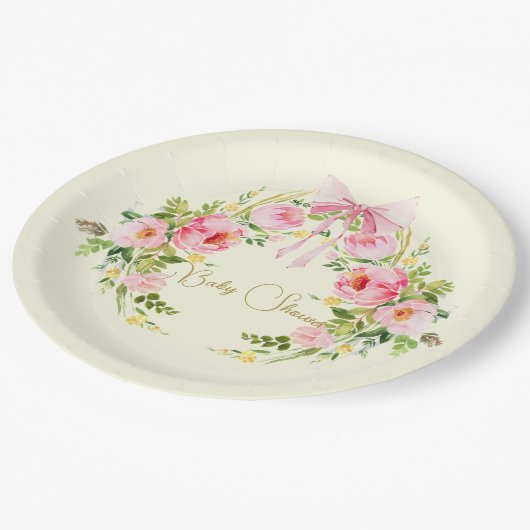 Babydusche Rosa Gelbe Wappen Regency Bow Pappteller (Schrägansicht)