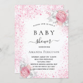 Babydusche Rosa Glitzer Blumenmädchen Einladung (Vorne/Hinten)