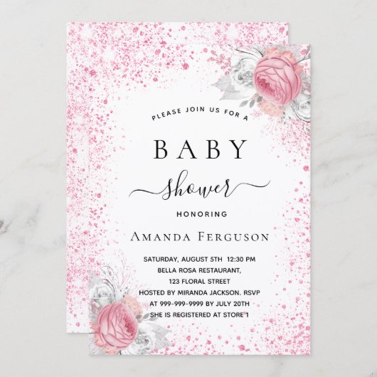 Babydusche Rosa Glitzer Blumenmädchen Einladung (Vorne/Hinten)