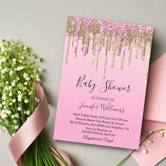 Babydusche Rosa Goldtropfen Glitzer Einladung
