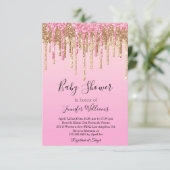Babydusche Rosa Goldtropfen Glitzer Einladung (Stehend Vorderseite)
