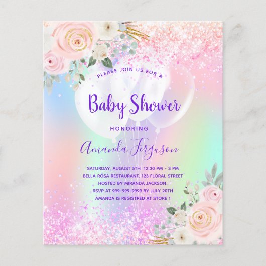 Babydusche rosa lila Blumenballons Budget Flyer (Vorne)