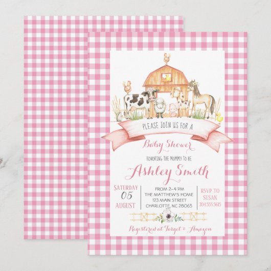 Babydusche, rosa Mädchen Einladung (Vorne/Hinten)