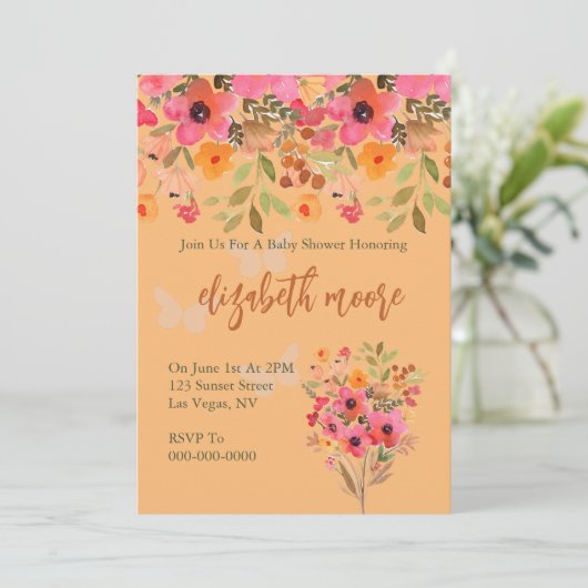 Babydusche Rosa Pfirsichgarten Blüte Blume Einladung (Stehend Vorderseite)