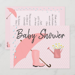 Babydusche Rosa Regenschirm und Regenstiefel Einladung