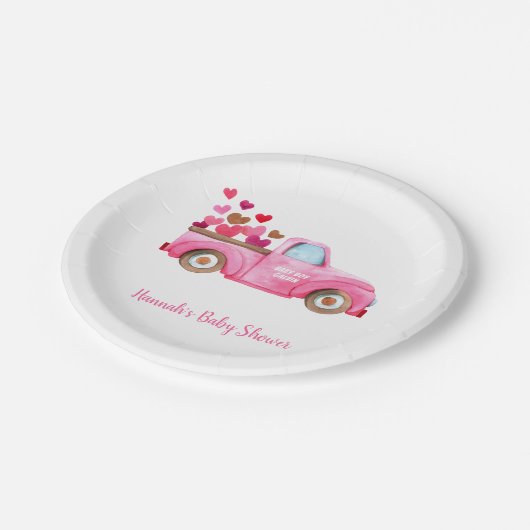 Babydusche Rosa Retro LKW Wasserfarbe Pappteller (Schrägansicht)