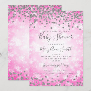 Babydusche Rosa Silver Glitzer Winter Wunderland Einladung