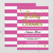 Babydusche Rosa Stripe Gold Glitzer Girl Einladung (Vorne/Hinten)