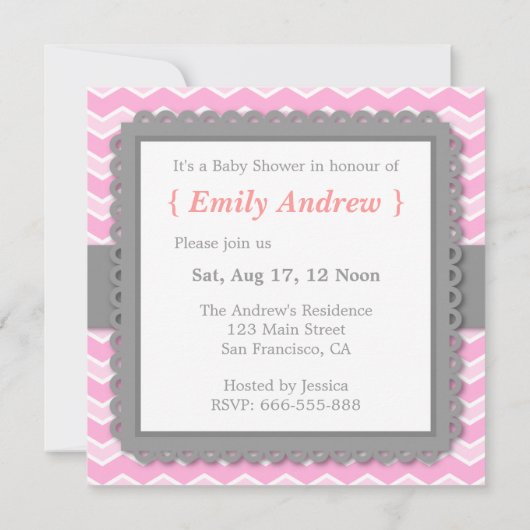 Babydusche - Rosa und Weiß Zickzack, Mädchen Einladung (Rückseite)