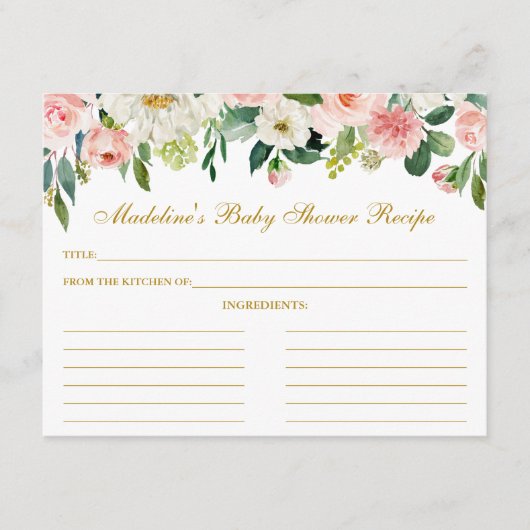 Babydusche Rosa White Floral Rezept Card Gold Hinweiskarte (Vorderseite)