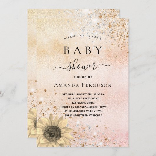 Babydusche Rose Gold rustikale Sonnenblume Glitzer Einladung (Vorne/Hinten)