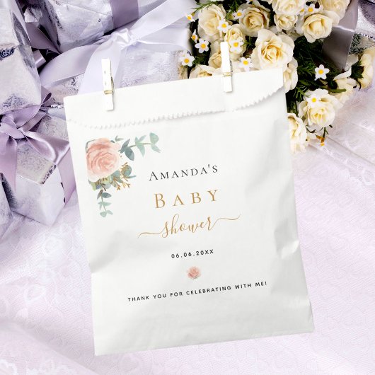 Babydusche Rose Goldblume Eukalyptus elegant Geschenktütchen