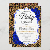 Babydusche - Royal Blue Gold Leopard Print Einladung (Vorne/Hinten)