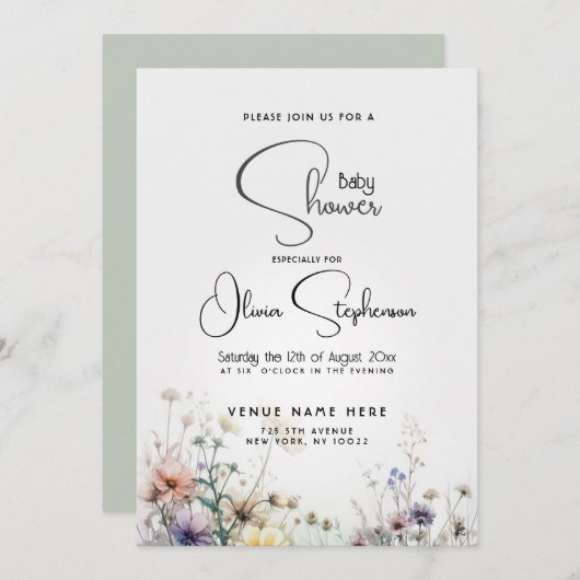 Babydusche Rustic Boho Wasserfarben Wildblumen Einladung (Vorne/Hinten)