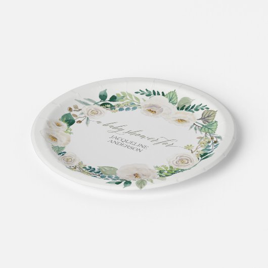 Babydusche Rustikale Kleider Alabaster White Roses Pappteller (Schrägansicht)