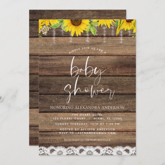 Babydusche Rustikales Bauernhaus Sonnenblume Einladung (Vorne/Hinten)