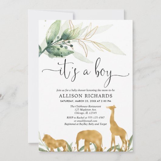 Babydusche, Safari-Dschungel Goldtiere Einladung (Vorderseite)