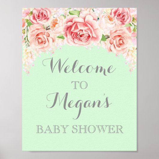 Babydusche Schild Pink Aquarell Blume Minze (Vorne)