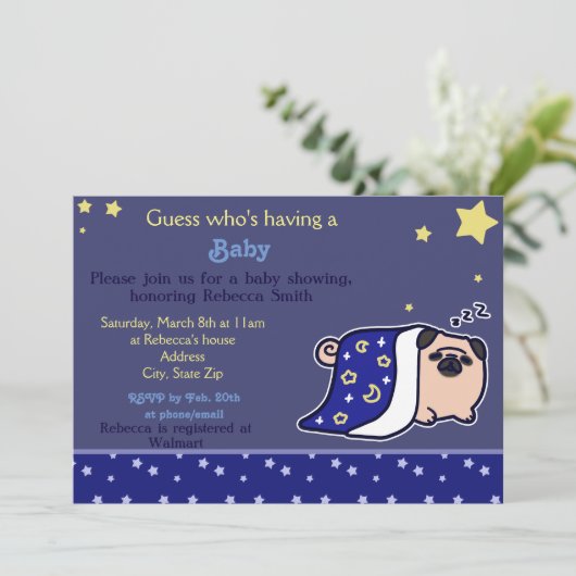 Babydusche - Schlafzimmer Mops Einladung (Stehend Vorderseite)