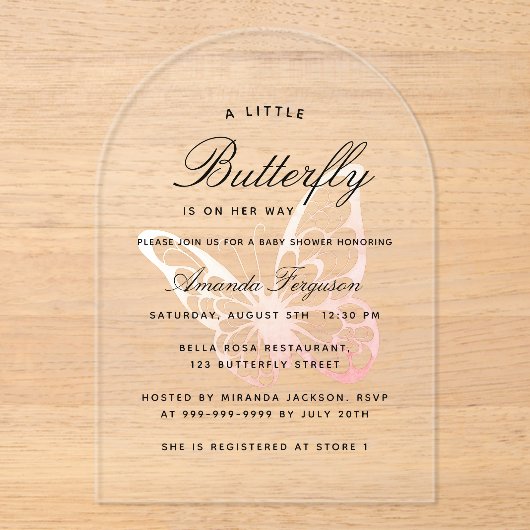 Babydusche Schmetterling Rosa Mädchenbogen Acryleinladungen (Vorderseite)