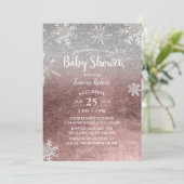 Babydusche Schneeflocken Moderne Rose Gold & Silbe Einladung (Stehend Vorderseite)