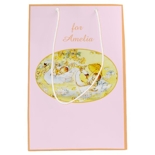 Babydusche Schwan Pink und Orange Mittlere Geschenktüte (Vorderseite)