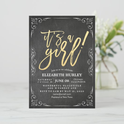 Babydusche Schwarz-Weiß-Blumenrahmen-Halbpension Einladung (Stehend Vorderseite)