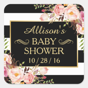 Babydusche Schwarz-weiß gestreifte Streifen-Goldra Quadratischer Aufkleber