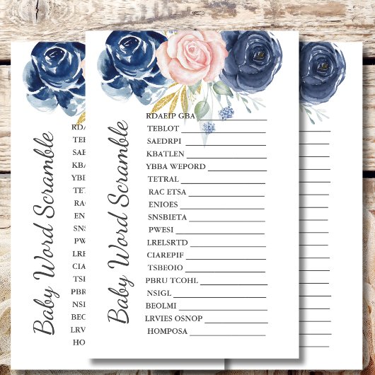 Babydusche Scramble Game Navy Blush Pink Floral