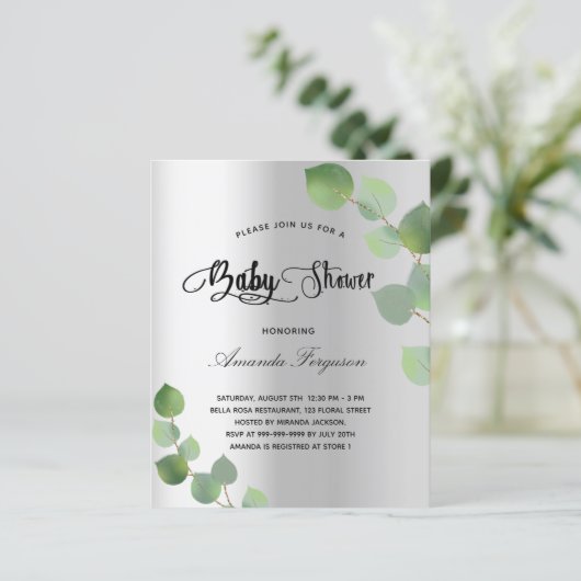 Babydusche Silber-Eukalyptus-Haushaltseinladung (Stehend Vorderseite)