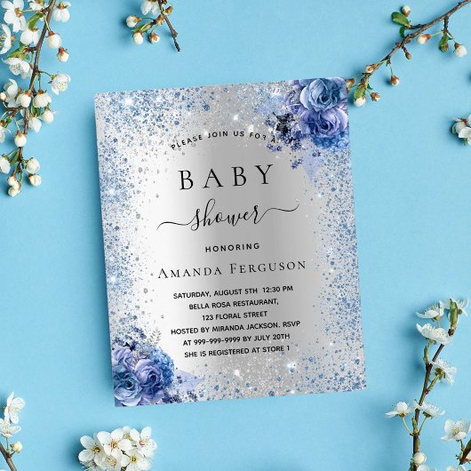 Babydusche Silber Glitzer Blütenblau Einladung