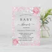 Babydusche silber Glitzer Rosa Girl Einladung (Stehend Vorderseite)