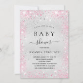 Babydusche silber Glitzer Rosa Mädchen Foto Einladung (Vorderseite)
