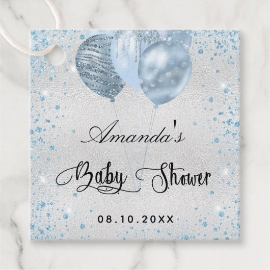 Babydusche Silberblauer Glitzer Ballons dank Geschenkanhänger (Vorderseite)