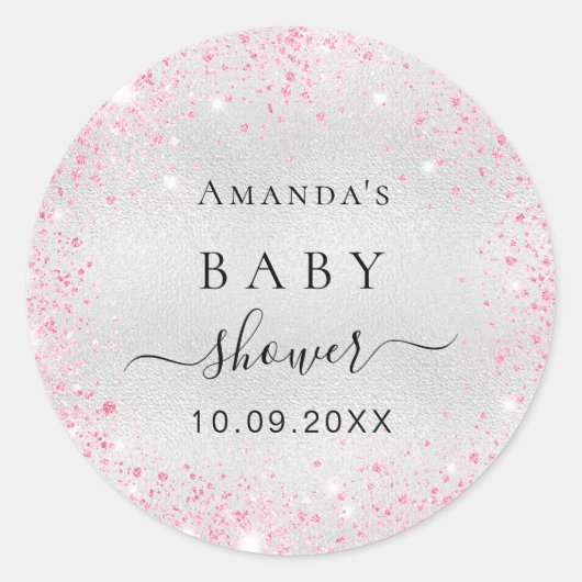 Babydusche silberrosa Glitzer Runder Aufkleber (Vorderseite)