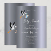 Babydusche Silberstorch Blau niedlich Einladung (Vorne/Hinten)