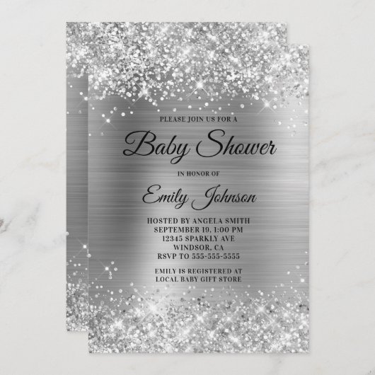 Babydusche Silver Glittery Foil Extravagantes Skri Einladung (Vorne/Hinten)